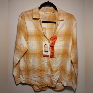 Weatherproof Women's Yellow and Cream Plaid Button Down Shirt